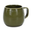 A set of two rounded coffee mugs in a glossy olive green finish, featuring a handle and a smooth surface.