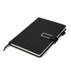A black diary with a sleek cover and a metallic clasp, featuring an interior with cream pages and a logo.