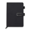 A black weekly diary with a clasp and a logo, featuring a simple and elegant design.