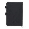 A black weekly diary with a textured cover and ribbon bookmarks, featuring a logo on the front.