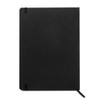 A black A4 diary with a smooth cover and ribbon bookmark, featuring elastic closure and a logo.