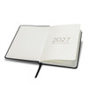 A5 weekly diary for 2027 in black, featuring blank pages and a placeholder ribbon.