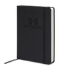 A5 daily diary in sleek black with an embossed logo and an elastic closure.