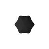 A black umbrella with a unique star-shaped design, featuring a central button and a logo on its surface.