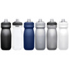 A drink bottle collection featuring black, clear, navy, silver, and white options, each with a grey cap and logo.