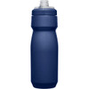 A drink bottle in navy blue with a screw-top lid and a logo on the side.