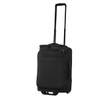 A black wheeled duffle bag with a retractable handle and zippers, featuring an exterior pocket and a logo.