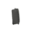 A wheeled duffle bag in grey with a zippered closure and a branding logo. Features side handles and wheels for easy transport.