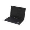 A black bifold wallet with multiple card slots and a textured finish, featuring a small logo.