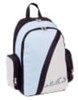 A blue and black backpack with a white design and side pockets. It features a branding logo on the front.