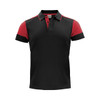 A black and red polo shirt with a collar, short sleeves, and a logo on the chest.
