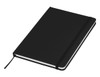 A black A5 notebook with a smooth cover, elastic closure, and a ribbon bookmark. It features a logo.