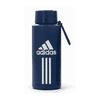A drink bottle in navy blue featuring a white logo and three stripes design. It includes a secure cap with a handle.