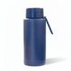 A drink bottle in a matte navy blue finish with a secure lid and a carry strap, featuring a logo.
