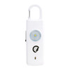 A white safety alarm keychain featuring a round light and a carabiner clip, with a logo on the front.