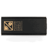 A black box with a logo and instructions for care, featuring a gold design on the lid.