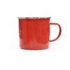 A drink bottle in bright red with a stainless steel rim and handle, featuring a logo on the surface.