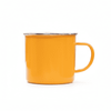 A drink bottle in a vibrant yellow colour with a silver rim and a sturdy handle. It features a logo.