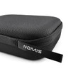 A black protective case for headphones featuring a branded zipper pull. The texture is ribbed and durable.