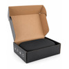 A black headphone case inside an open cardboard box, featuring a simple design with a logo.
