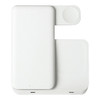 A white 3 in 1 wireless charger with a compact design and multiple charging surfaces, featuring a logo.