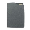 A grey A5 notebook with a textured cover, featuring a pocket and a logo on the front.