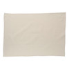 A cream cotton tea towel with a simple, plain design and an area featuring a logo.