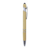 A bamboo pen with a silver clip and tip, featuring a stylus on the top. It has a natural finish and a sleek design.
