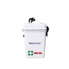 A waterproof white first aid kit with a handle, featuring a logo and a green cross symbol.