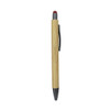 A bamboo pen featuring a red stylus tip and a black end, with a clip for easy attachment.