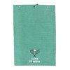 A green golf towel with a textured surface and a design featuring crossed racquets and a ball, along with the text.