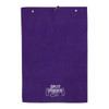 A purple golf towel with a textured surface and an attached loop for hanging, featuring a logo.