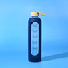 A drink bottle in navy blue with a cream lid and a carrying strap. It features a branded logo and time markers.