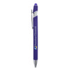 A purple metal pen with a silver clip and a branding logo on the barrel.