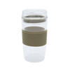 A drink bottle featuring a clear design with a beige silicone band, designed for reusable coffee.