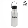 A drink bottle in silver with a black lid and a handle, featuring a logo on the front.