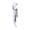 A drink bottle opener in silver and white with a corkscrew and a knife, featuring a logo on the handle.