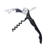 A drink bottle opener in silver and black with a corkscrew and lever function, featuring a logo.