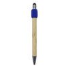 A bamboo pen with a blue silicone grip and metal tip, featuring a branding logo.