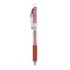 A gel ink pen with a transparent barrel, featuring a pink-red grip and a silver clip. It has a logo on the barrel.