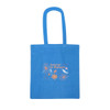 A blue tote bag featuring colourful floral designs and a logo. It has long handles for easy carrying.