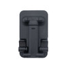 A black folding desktop mobile phone and tablet stand with adjustable hinges. It features a compact design.