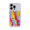 A colourful suction phone wallet featuring a mix of pink, yellow, and blue hues, attached to a smartphone.