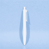 A white plastic ballpoint pen with a clip and a smooth, sleek design against a light blue background.