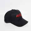 A black ripstop strapback baseball cap with a logo in red.