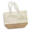 A tote bag with a cream upper section and a tan burlap bottom, featuring rope handles and a logo.