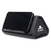 A black outdoor speaker and wireless power bank with a triangular design, holding a smartphone on top.