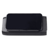 A black outdoor speaker and wireless power bank with a sleek design and a glossy surface. It features a logo.