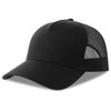 A black trucker cap made of organic and recycled materials, featuring a mesh panel and a curved brim.