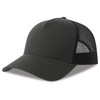 A black trucker cap featuring a solid front panel and mesh sides. It includes a logo on the front.